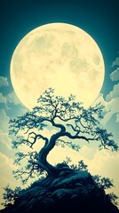 A gnarled, ancient tree silhouetted against a large, luminous full moon and a twilight sky