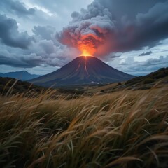 Obraz premium Erupting volcano in Iceland's snowy landscape with smoke and lava against a cloudy sky