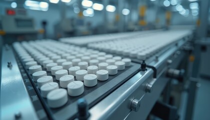 Obraz premium Pharmaceutical production line with white pills on conveyor belt. Modern automated medicine technology in manufacturing facility. Pills move on conveyor, medicine production.