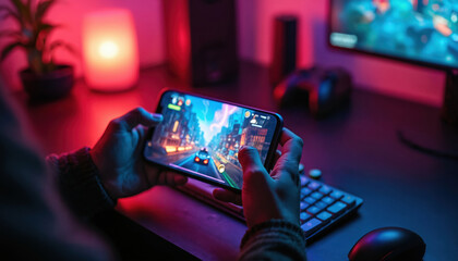 Person plays mobile game on smartphone. Gamer uses touchscreen at gaming setup with keyboard monitor. Dimly lit room with vibrant neon lights, controller, mouse also in place. Tech entertainment at