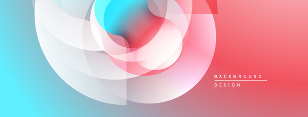 Abstract design features overlapping translucent circles. Colors blend from blue to pink. Modern aesthetic, clean composition.