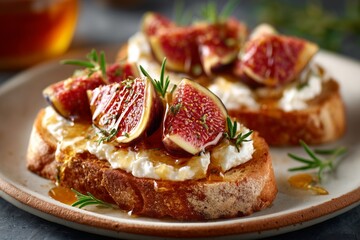 Breakfast toast with creamy goat cheese, fresh fig slices, drizzled honey  on artisanal bread