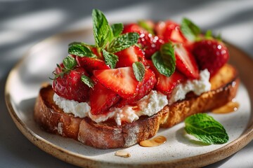 Breakfast toast with ricotta cheese and fresh strawberries