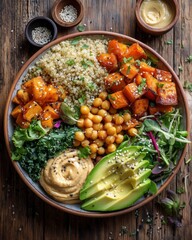 A colorful buddha bowl with quinoa, chickpeas and roasted sweet potatoes