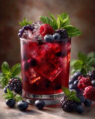 A glass with violet or deep purple berry drink