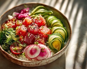 A gourmet poke bowl with raw tuna cubes and sliced avocado