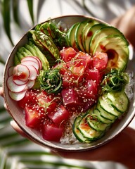 A gourmet poke bowl with raw tuna cubes and sliced avocado