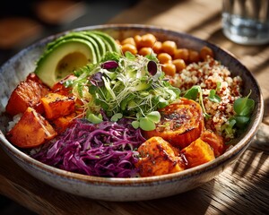A vibrant buddha bowl with quinoa, roasted sweet potato, and avocado.