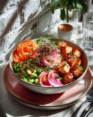 Colorful vegan bowl with tofu cubes, edamame, pickled radish