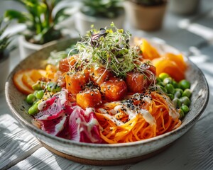 Colorful vegan bowl with tofu cubes, edamame, pickled radish