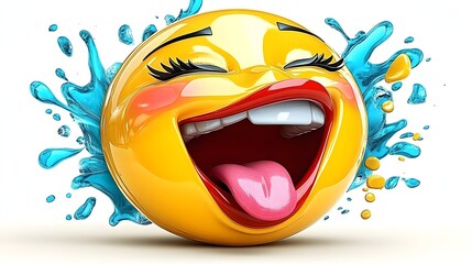 A joyful, laughing emoticon with vibrant blue water splashes surrounding it.  The emoticon has long lashes, rosy cheeks, and its tongue sticking out