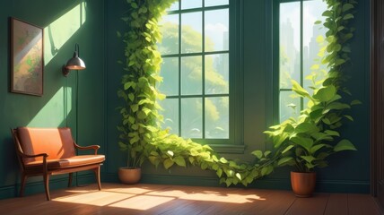 Cozy room with vine-framed window. Sunlight streams in
