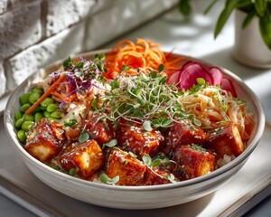 Colorful vegan bowl with tofu cubes, edamame, pickled radish
