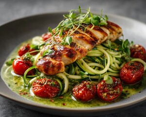 Keto meal with grilled chicken breast, zucchini noodles, creamy pesto sauce.