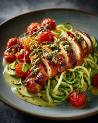 Keto meal with grilled chicken breast, zucchini noodles, creamy pesto sauce. 