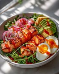 Low-carb salmon bowl with avocado, boiled egg, arugula, pickled onion, and lemon dressing. Clean, healthy, and protein-rich meal.