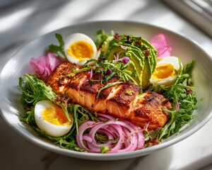 Low-carb salmon bowl with avocado, boiled egg, arugula, pickled onion, and lemon dressing. Clean, healthy, and protein-rich meal.
