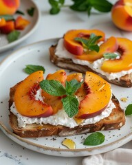 Two slices of toast topped with whipped ricotta, fresh peach slices, mint leaves, and a drizzle of honey. 