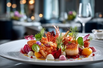 Elegant molecular gastronomy dish served in a fine dining setting with bright natural light and sophisticated interior.