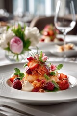 Elegant molecular gastronomy dish served in a fine dining setting with bright natural light and sophisticated interior.