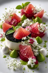 Luxurious grapefruit dessert with artistic presentation, a pastry masterpiece in fine dining style.