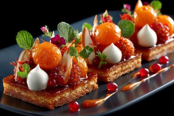 Close-up of a stunningly plated dessert, showcasing exquisite detail and gourmet elegance.