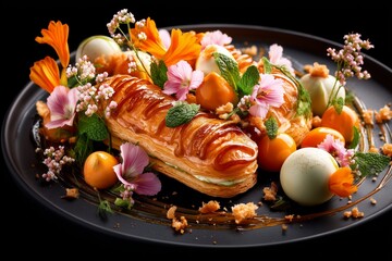 Elegant gourmet éclairs with artistic decoration, served as fine dining dessert, close-up.