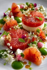 Luxurious grapefruit dessert with artistic presentation, a pastry masterpiece in fine dining style.