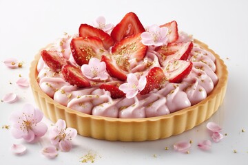 Delicate strawberry dessert with fresh berries and cream, soft light, close-up.
