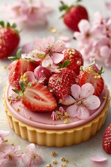 Delicate strawberry dessert with fresh berries and cream, soft light, close-up.