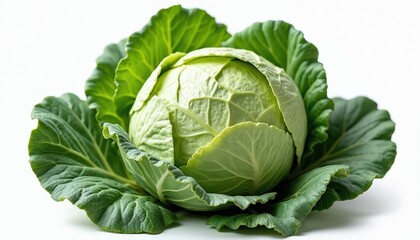 Obraz premium Fresh green cabbage head isolated on a pure white background. Healthy organic vegetable for vegetarian salad. Raw food ingredient for cooking recipes. Perfect for diet and nutrition projects.