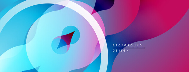 Abstract fluid shapes, vibrant colors blend. Circular elements dominate composition, creating dynamic visual effect. Modern design.