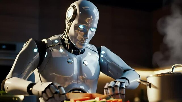 Futuristic robot chef preparing food with precision in a modern kitchen