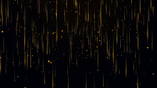 Abstract background with golden vertical lines and dots on a dark background that fall down. Falling rain or meteor shower.