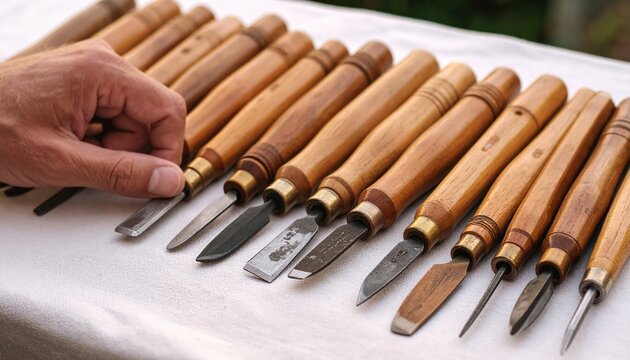 A skilled artisan selects from a collection of finely crafted wood carving tools on display.