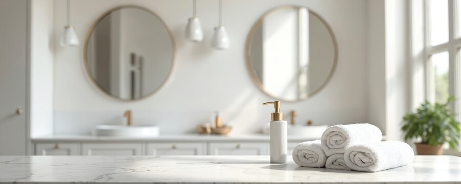 Modern luxury white bathroom with marble countertop, round mirrors, white towels. Minimalist design, spa atmosphere. Bright interior with window light, stylish accessories for wellness, hygiene, home