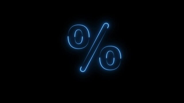glowing neon light percent sign animation percent icon symbol on black background. Neon Punctuation Symbols percent icon animation concept