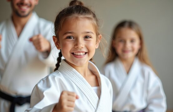 Young girl in white karate uniform smiles in dojo with instructor. Girl confident expression highlights discipline and strength in martial arts. Sport activity, self-protection.