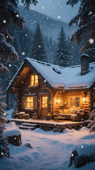 Cozy winter cabin surrounded by falling snow, glowing with warm golden window light in 4K resolution. Ideal for seasonal design, holiday themes, wallpapers, storytelling, and atmospheric visuals.

