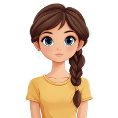 Cartoon portrait of a girl with brown hair and blue eyes digital art on transparent background