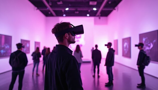 Visitors experience art gallery using VR headsets. Futuristic tech immersive exhibition with digital art, purple lighting. Virtual reality entertainment. Modern innovation.