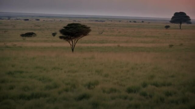 African wild giraffes in the savanna with a herd of zebras and wildebeest under a vast sky at sunset