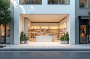 Modern pharmacy storefront welcoming interior. Clear windows offer street view, presenting organized shelves of medicines, health products. Contemporary building design, commercial architecture,