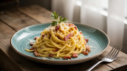 Delicious pasta primavera served on a teal plate with fresh herbs and cheese on a rustic wooden table
