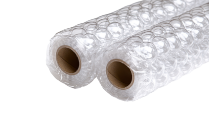 Two rolls of transparent bubble wrap with cardboard cores, tightly bound together