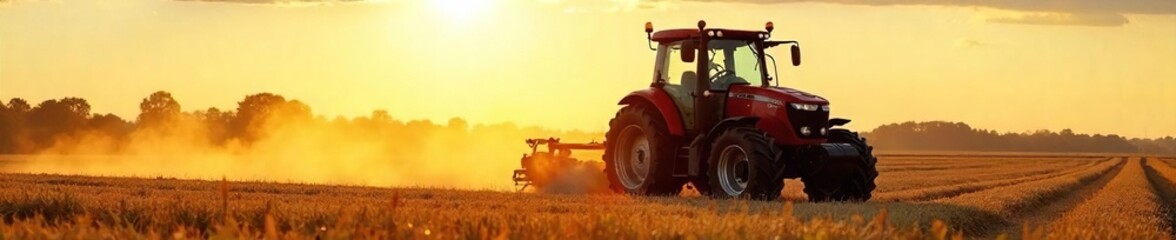 A powerful red tractor sits in a sun-drenched field, ready for harvest Its gleaming metal and strong silhouette convey the power and dependability of farm machinery , sun, land