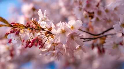 Fototapeta premium Close-up view of an early spring tree with delicate white and pink flowers blooming on its branches, against a blue-sky backdrop. symbolizing renewal and the arrival of spring. 