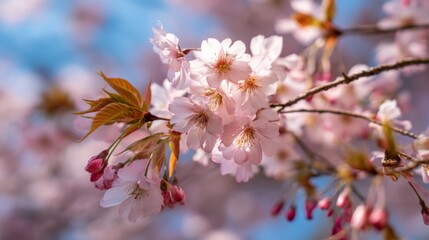 Obraz premium Close-up view of an early spring tree with delicate white and pink flowers blooming on its branches, against a blue-sky backdrop. symbolizing renewal and the arrival of spring. 