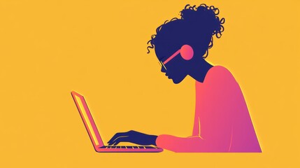 Woman Working on Laptop: A Colorful Silhouette Illustration