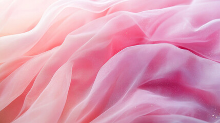 Fototapeta premium Colorful pastel pink background with a beautiful wave of tulle fabric, blurred with a bokeh effect. Soft pink texture with glitter and sparkling light. Background for a wedding card design.